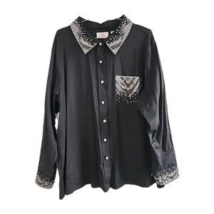 Quacker Factory Button Down Shirt Womens 2X Black Rhinestone Embellished Glam